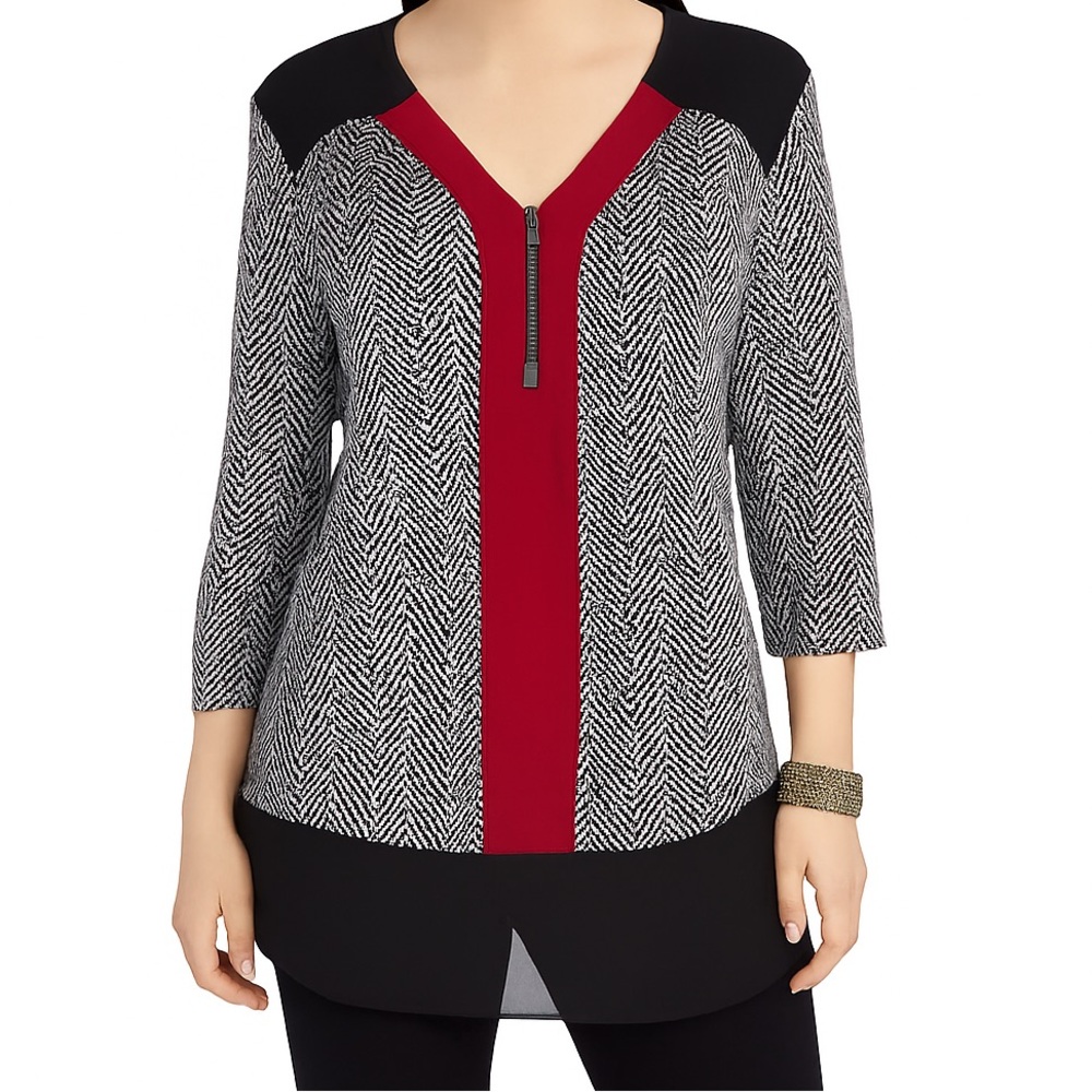 Susan Lawrence Tunic Top Medium – Red Zip V-Neck, Herringbone Print, Sheer Hem